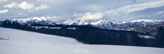 Im Vordergrund ist eine Schneebedeckter Weg. Im Hintergrund sind verschneite Berge, dazwischen ist ein dunkler Wald. Es ist ein bewölkter Tag.