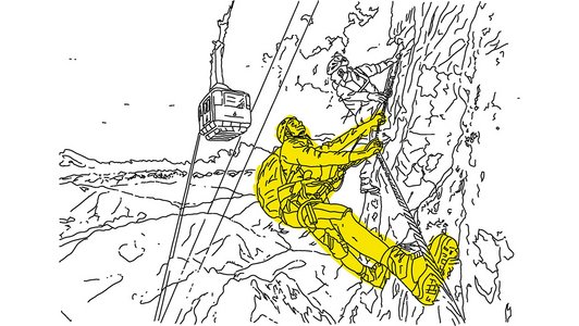 A black and white drawing of a mountaineer climbing a mountain. The mountaineer is painted yellow. Next to him is a second climber and in the background is a gondola.