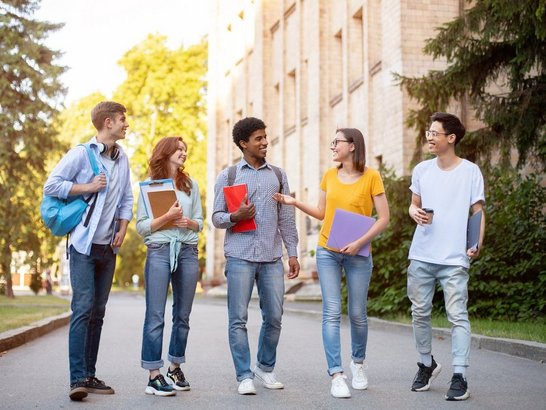 Cheerful multicultural college classmates walking together after study, discussing their plans, full length