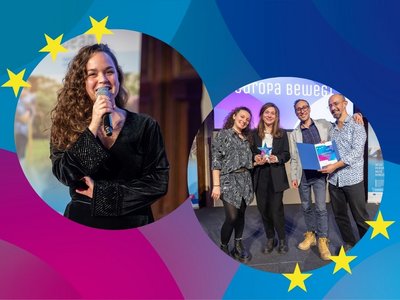 Junge Frau mit Mikrofon und in einem zweiten Fotokreis eine Gruppe junger Erwachsener zwei Frauen und zwei Männer in festlicher Kleidung, die sich freuen