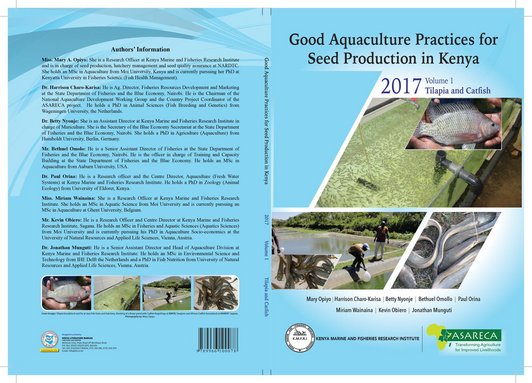 The picture shows a publication or book cover, its title reading "Good Aquaculture Practices for Seed Production in Kenya"