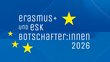 Weißer Schriftzug Erasmus+ und ESK Botschafter:innen 2026 auf blauem Hintergrund mit gelben Sternen