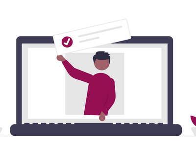 Illustration eines Laptops und einer Person mit einer Checkliste