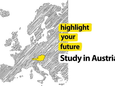 Illustration of a map of Europe in grey, Austria is highlighted in yellow. Lettering saying highlight your future. Study in Austria.