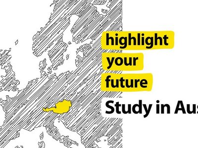 Illustration of a map of Europe in grey, Austria is highlighted in yellow. Lettering saying highlight your future. Study in Austria.