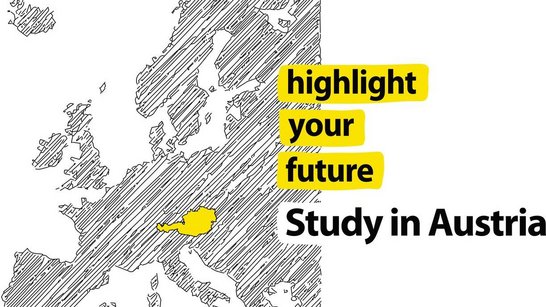 Illustration einer Europakarte in grau, Österreich ist gelb hervorgehoben. Schriftzug Highlight your future. Study in Austria. 