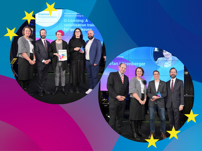 Zusammenschnitt zweier Fotos, die Gewinnerinnen auf der Bühne zeigen