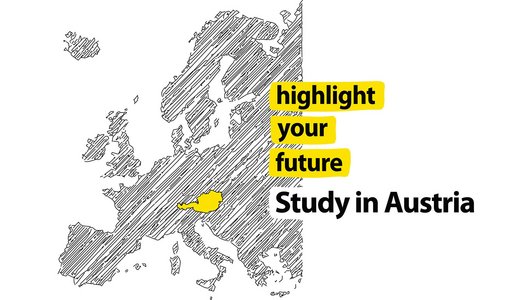  Map of Europe with Austria highlighted in yellow. With the writing: “Study in Austria” next to it.