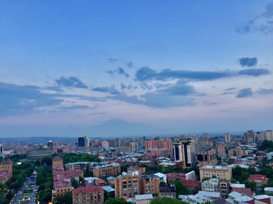 View from above on various buildings of a part of a city