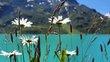 Landschaft mit Bergen, See und Blumen