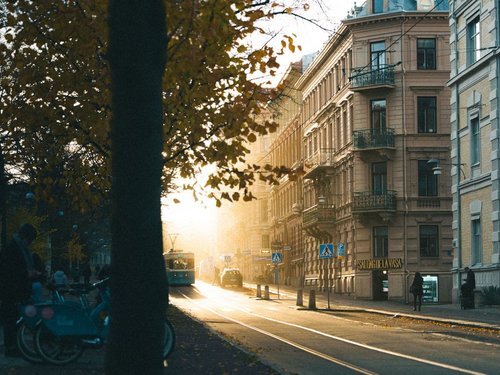 Wunderschönes urbanes Straßenbild bei Sonnenaufgang mit historischer Architektur und herbstlichem Laub.