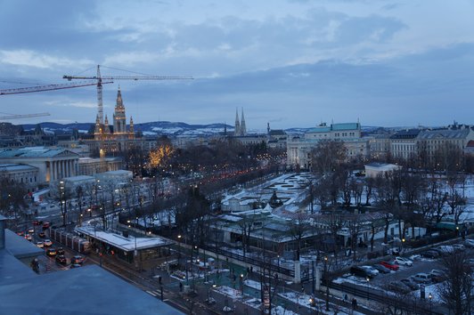 Aussicht vom Dach des Naturhistorischen Museums auf die verschneite Umgebung