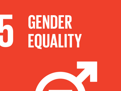 SDG 5 icon with white lettering and gender symbols on red background