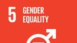 SDG 5 icon with white lettering and gender symbols on red background