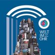 CD cover for the anniversary of the radio show Welt im Ohr: you can see a mountain of speakers and radios as well as a globe with headphones.