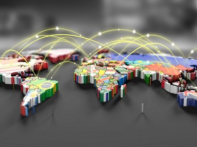 Weltkarte mit allen Kontinenten und Länderfahnen und Lichtstrahlen zur Verbindung