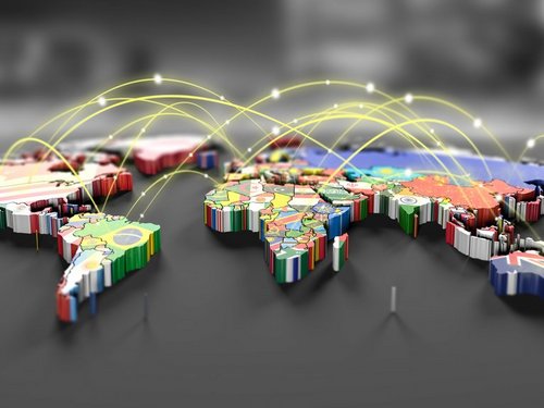 Weltkarte mit allen Kontinenten und Länderfahnen und Lichtstrahlen zur Verbindung