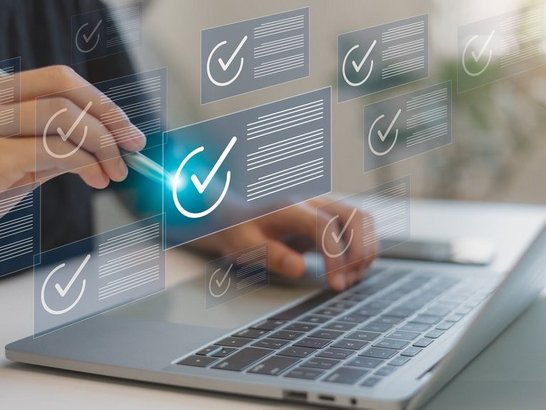 Businessmen people working laptop checklist questionnaire assessment form