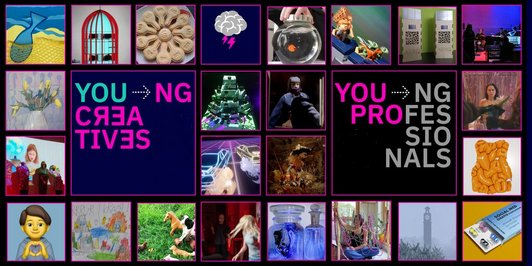 eine Zusammenstellung aus verschiedenen Bildern, geschmückt mit stilisiertem Text in der Mitte des Bildes. Es steht folgendes: "Young Creatives" und "Young Professionals"