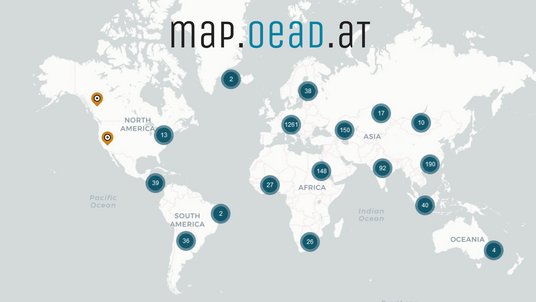  OeAD map as an image for the sliders on the website. The world map contains dots with numbers in them.