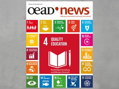 Zeitungstitelseite der oead.news 107. Diese Ausgabe widmet sich der nachhaltigen Entwicklung und Bildung in Österreich und zeigt ein Motiv mit den SDG-Zielen der Vereinten Nationen.