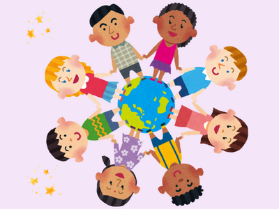 Grafik von gezeichneten Kindern, die sich an den Händen halten, in der Mitte ist ein Globus