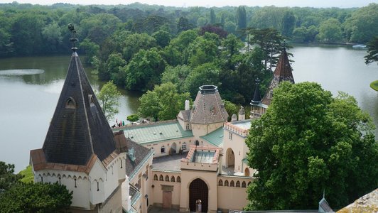 view on the lake and park area in Laxenburg from the top of a buidling