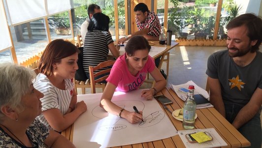 Two groups of people sitting together on different tables and work on posters