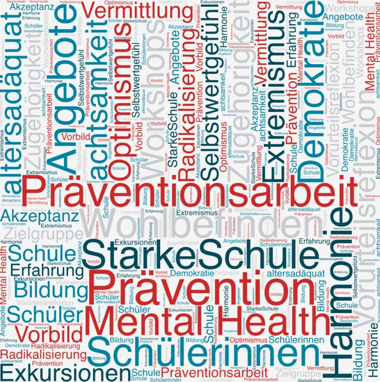 Eine Wordcloud mit Begriffen über Extremismusprävention
