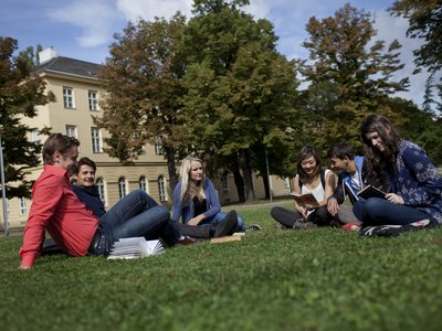 Studenten und Studentinnen sitzen mit ihren Büchern in einer Wiese und lernen.