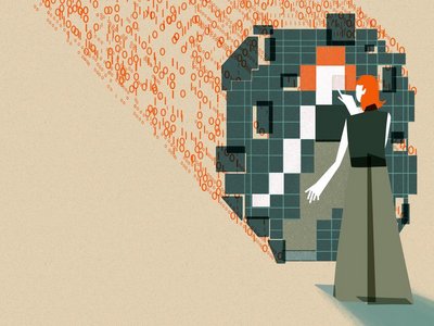 This image shows an individual with orange hair interacting with a large, abstract digital mirrored structure. The structure is composed of squares in varying shades of green, orange, white, and black which are pieced together to reflect the individual’s figure. The figure's hand is extended as if pointing to or interacting with the mirrored structure. Behind the  structure are streams of binary code (0s and 1s) in orange, flowing towards the digital grid.