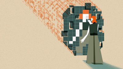 This image shows an individual with orange hair interacting with a large, abstract digital mirrored structure. The structure is composed of squares in varying shades of green, orange, white, and black which are pieced together to reflect the individual’s figure. The figure's hand is extended as if pointing to or interacting with the mirrored structure. Behind the  structure are streams of binary code (0s and 1s) in orange, flowing towards the digital grid.