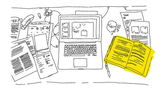 Drawing of a messy desk with a laptop, several pieces of paper, an open book and a stapler. The drawing is black and white except for the open book, which has been highlighted in yellow.