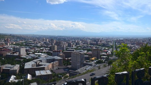 View from above on a city with various buildings and streets