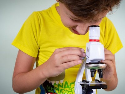 Schüler untersucht eine Probe unter dem Mikroskop