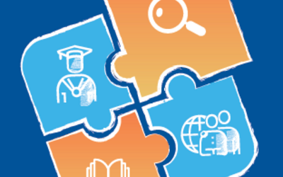 Grafik eines vierteiligen Puzzles mit einem Buch, einer Lupe einem Hochschulabsolventen und einer Weltkugel mit zwei Personen davor
