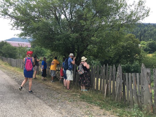 Group of people looking at something behind a wooden fence