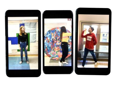  Three smartphone displays in which you can see school children