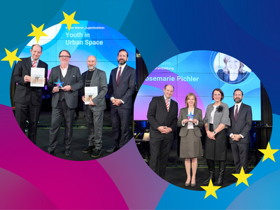 Zusammenschnitt aus zwei Fotos von einer Preisverleihung 