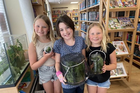 3 Mädchen mit Pflanzenobjekten vor Bücherregalen in Bibliothek