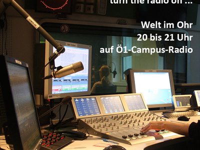 Announcement with picture of a radio studio with mixing console and microphones as background