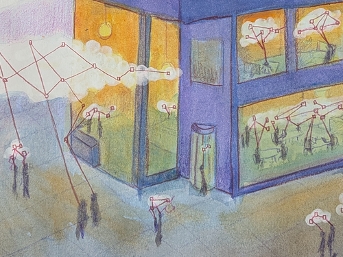 Illustration von menschlichen Figuren, die über Linien miteinander verbunden sind