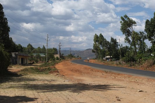 Bituminised road in the middle of dry hilly landscape with trees and one man riding a bike under a cloudy sky