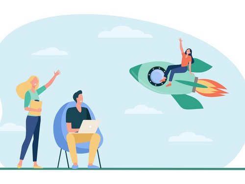 Die Grafik zeigt eine Frau auf einer Rakete, die einem Mann und einer Frau am Boden zuwinkt.