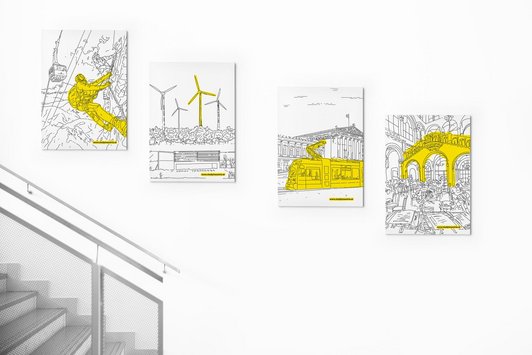  Four black and white images with yellow highlights. From left to right, a man climbing a mountain, a wind turbine behind a bench, a tram in front of Parliament and an archway in Café Zentral were highlighted in yellow.