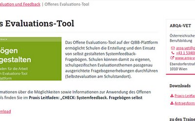 Bildschirmfoto der Seite zum Offenen Evaluations-Tool auf der ARQA-VET Webseite