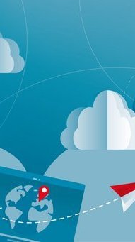 Blaues Sujet mit Wolken und Papierflieger
