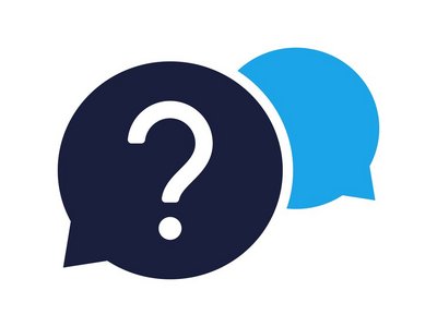 Dunkelblaue Sprechblase mit Fragezeichen, im Hintergrund hellblaue Sprechblase