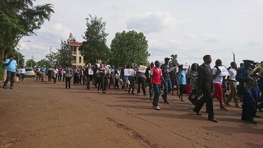 Group of people marching  with posters and slogans to demonstrate