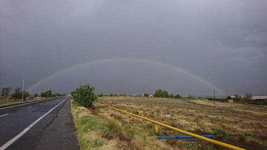 Rainbow above a meadow next to a bituminized street